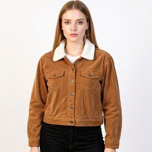 Andrea Womens Corduroy Brown Sherpa Lined Truckers Jacket Sz XL Retro Cowgirl